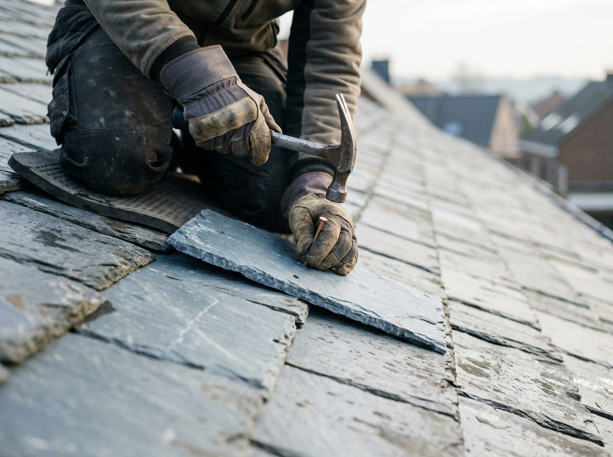 Roofer replacing slate tiles during a professional roof repair
